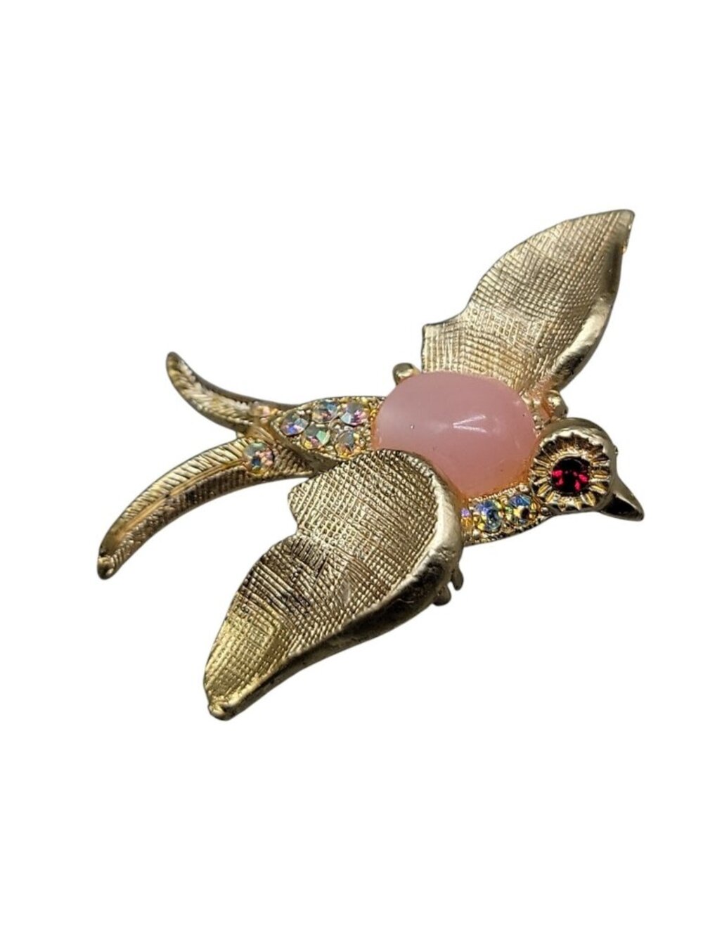 Swallow Brooch Vintage Gold Tone Pink Cabachon Aurora Borealis Red Rhinestone